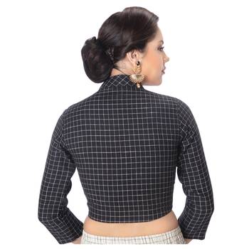 Black Cotton Stand Collar Full Zipper 3/4Th Sleeves Princess Cut Padded blouse 3