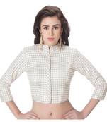 White Cotton Stand Collar Full Zipper 3/4Th Sleeves Princess Cut Padded blouse