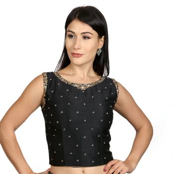 Black Tussar Silk Stone Work Sleeveless Back Full Zip Princess Cut Padded Readymade Saree Long Blouse 1