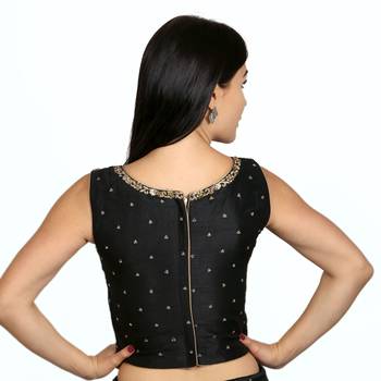 Black Tussar Silk Stone Work Sleeveless Back Full Zip Princess Cut Padded Readymade Saree Long Blouse 3