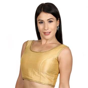 Gold Plain Raw Silk Stone Work Lace Princess Cut Padded Sleeveless blouse 2