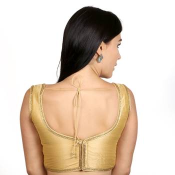 Gold Plain Raw Silk Stone Work Lace Princess Cut Padded Sleeveless blouse 3