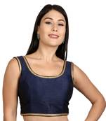 Navy blue Plain Raw Silk Stone Work Lace Princess Cut Padded Sleeveless blouse