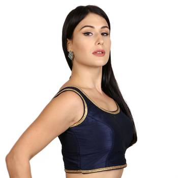 Navy blue Plain Raw Silk Stone Work Lace Princess Cut Padded Sleeveless blouse 2
