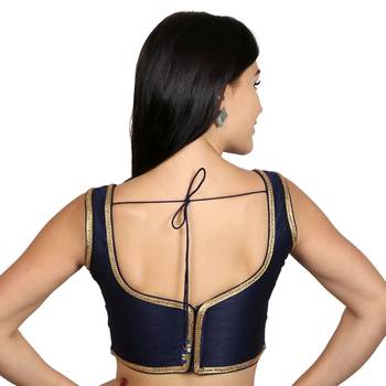 Navy blue Plain Raw Silk Stone Work Lace Princess Cut Padded Sleeveless blouse 3
