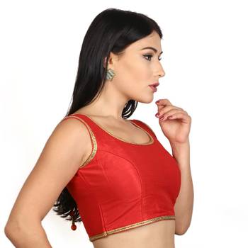 Red Plain Raw Silk Stone Work Lace Princess Cut Padded Sleeveless blouse 2
