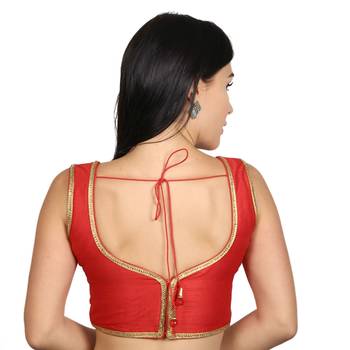 Red Plain Raw Silk Stone Work Lace Princess Cut Padded Sleeveless blouse 3