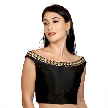 Black Boat Neck Dupion Silk Princess Cut Padded Off Shoulder Sleeveless Side Zipper blouse 1