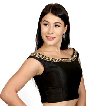 Black Boat Neck Dupion Silk Princess Cut Padded Off Shoulder Sleeveless Side Zipper blouse 2