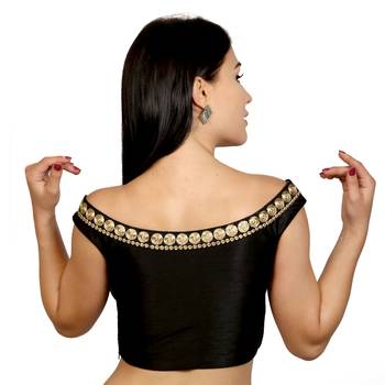 Black Boat Neck Dupion Silk Princess Cut Padded Off Shoulder Sleeveless Side Zipper blouse 3