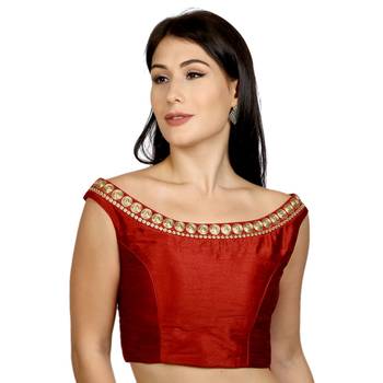 Maroon Boat Neck Dupion Silk Princess Cut Padded Off Shoulder Sleeveless Side Zipper blouse 1