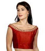 Maroon Boat Neck Dupion Silk Princess Cut Padded Off Shoulder Sleeveless Side Zipper blouse