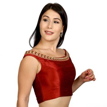 Maroon Boat Neck Dupion Silk Princess Cut Padded Off Shoulder Sleeveless Side Zipper blouse 2