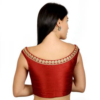 Maroon Boat Neck Dupion Silk Princess Cut Padded Off Shoulder Sleeveless Side Zipper blouse 3