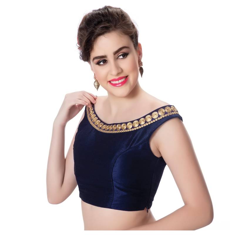 blue Blue Boat Neck Dupion Silk Princess Cut Padded Off Shoulder