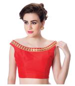 Red Boat Neck Dupion Silk Princess Cut Padded Off Shoulder Sleeveless Side Zipper blouse