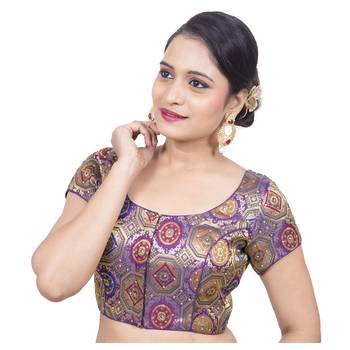 Purple Brocade Princess Cut Padded Short Sleeves blouse 3