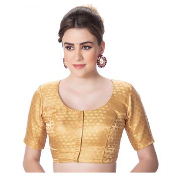 Desginer Brocade Leaf Desgin Round Neck Dark Gold Short Sleeves Princess Cut Padded Readymade Saree Blouse 1