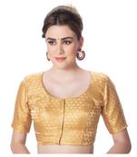 Desginer Brocade Leaf Desgin Round Neck Dark Gold Short Sleeves Princess Cut Padded Readymade Saree Blouse