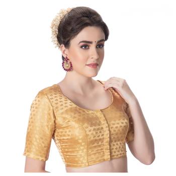 Desginer Brocade Leaf Desgin Round Neck Dark Gold Short Sleeves Princess Cut Padded Readymade Saree Blouse 2