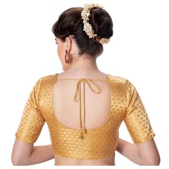 Desginer Brocade Leaf Desgin Round Neck Dark Gold Short Sleeves Princess Cut Padded Readymade Saree Blouse 3