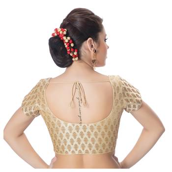 Desginer Brocade Wedding Off White Short Sleeves Princess Cut Padded Readymade Saree Blouse 3