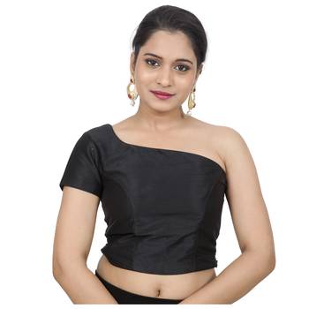 Black Raw Silk One Shoulder Side Zipper Padded Readymade Saree Blouse 1