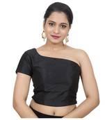 Black Raw Silk One Shoulder Side Zipper Padded Readymade Saree Blouse