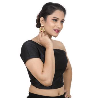 Black Raw Silk One Shoulder Side Zipper Padded Readymade Saree Blouse 2