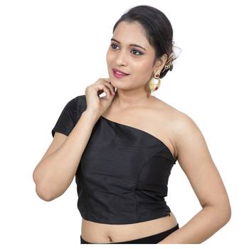 Black Raw Silk One Shoulder Side Zipper Padded Readymade Saree Blouse 3