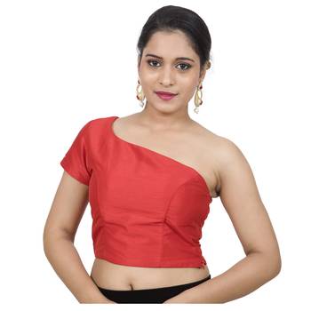 Red Raw Silk Princess Cut One Shoulder Side Zipper Padded blouse 1