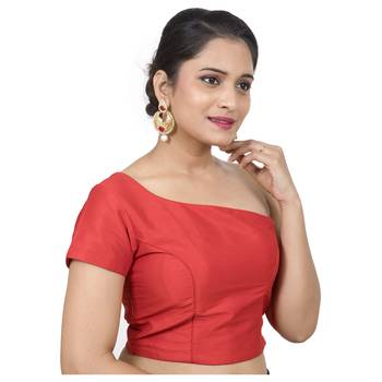Red Raw Silk Princess Cut One Shoulder Side Zipper Padded blouse 2