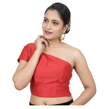Red Raw Silk Princess Cut One Shoulder Side Zipper Padded blouse 3