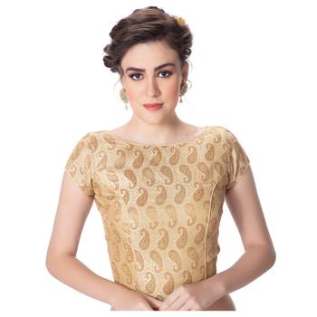 Brocade Desginer Cream Short Sleeves Princess Cut Padded Back Open Full Zipper blouse 1