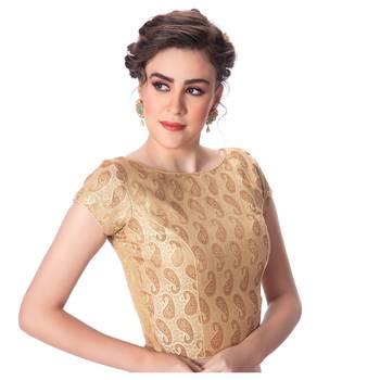 Brocade Desginer Cream Short Sleeves Princess Cut Padded Back Open Full Zipper blouse 2