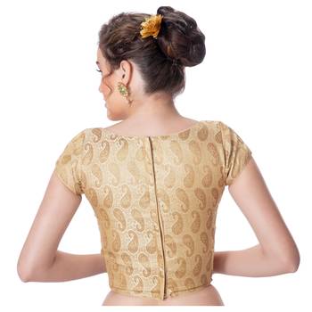 Brocade Desginer Cream Short Sleeves Princess Cut Padded Back Open Full Zipper blouse 3