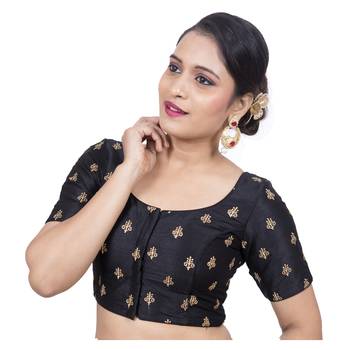 Black Dupion Silk Embroideblack Elbow Sleeves Princess Cut Padded blouse 1