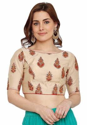 Designer Cream Color Silk Embroidered Work Readymade Blouse 1