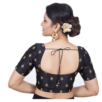 Black Dupion Silk Embroideblack Elbow Sleeves Princess Cut Padded blouse 3