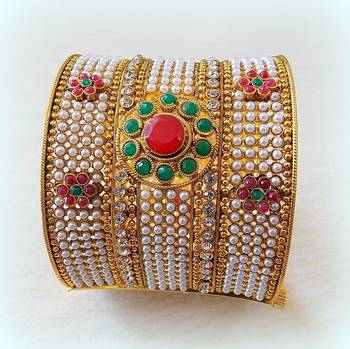 Ethnic Pearl Colered Stone Studded Broad Kada 1