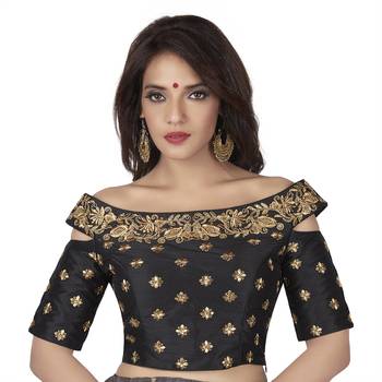 Black Cotton Silk Boat Neck Off Shoulder Cold Shoulder Elbow Sleeves Princess Cut Padded blouse 1