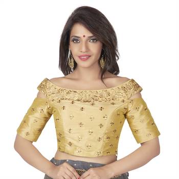 Gold Cotton Silk Boat Neck Off Shoulder Cold Shoulder Elbow Sleeves Princess Cut Padded blouse 1