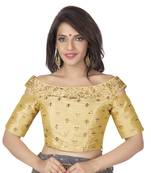 Gold Cotton Silk Boat Neck Off Shoulder Cold Shoulder Elbow Sleeves Princess Cut Padded blouse