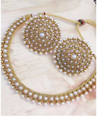 Gold Plated Stylish White Stone Studded Choker Necklace Jewellery Set 2