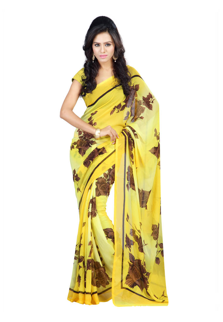Yellow  Printed georgette saree with blouse