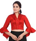 Red Art Silk Jacket Style 3/4Th Bell Sleeves Full Zipper Princess Cut Padded blouse