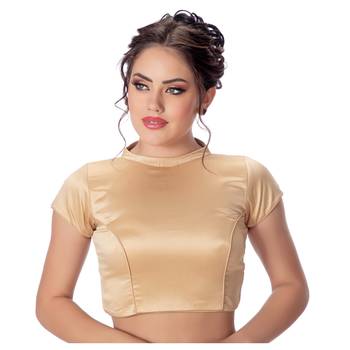 Gold High Neck Short Sleeves Padded Back Open Full Zipper Readymade Saree Blouse 1