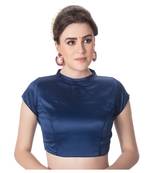 Navy Blue Desginer High Neck Dupion Silk Short Sleeves Princess Cut Padded Back Open Full Zipper Readymade Saree Blouse