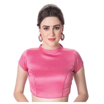 Pink Desginer High Neck Dupion Silk Short Sleeves Princess Cut Padded Back Open Full Zipper Readymade Saree Blouse 1