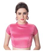 Pink Desginer High Neck Dupion Silk Short Sleeves Princess Cut Padded Back Open Full Zipper Readymade Saree Blouse